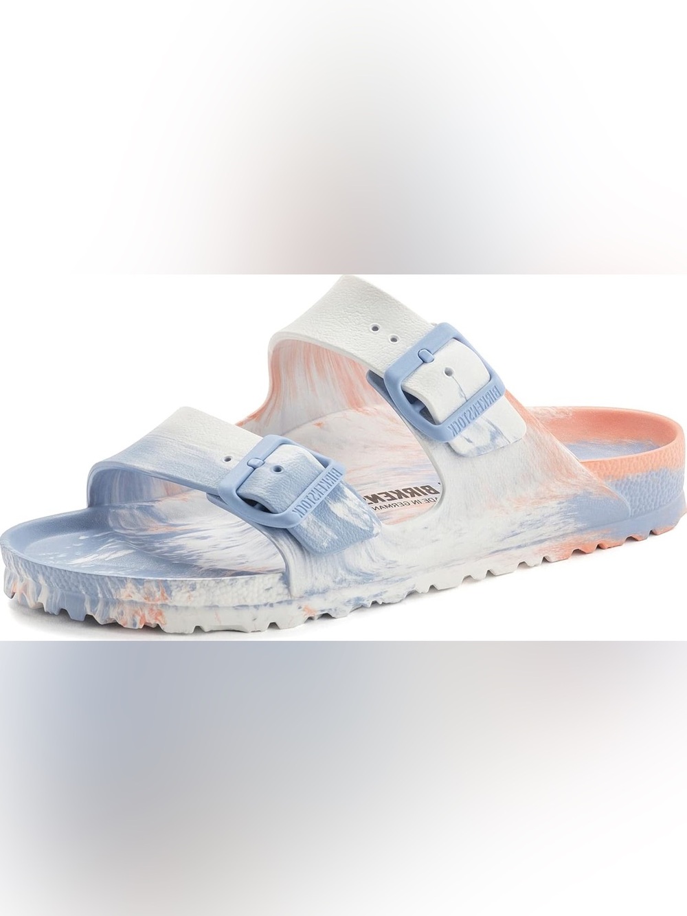 Birkenstock Essentials Arizona Two-Strap Sandals in Light Blue and Coral Swirl - Picture 5 of 5